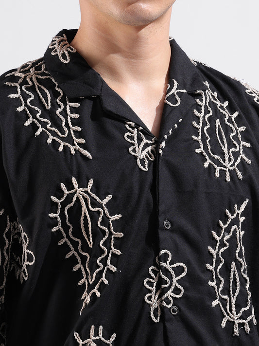 Smart Casual Black Resort Wear Shirt for Men with Relaxed Fit and Fine Embroidery