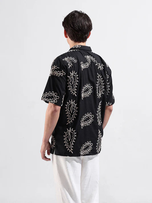 Smart Casual Black Resort Wear Shirt for Men with Relaxed Fit and Fine Embroidery