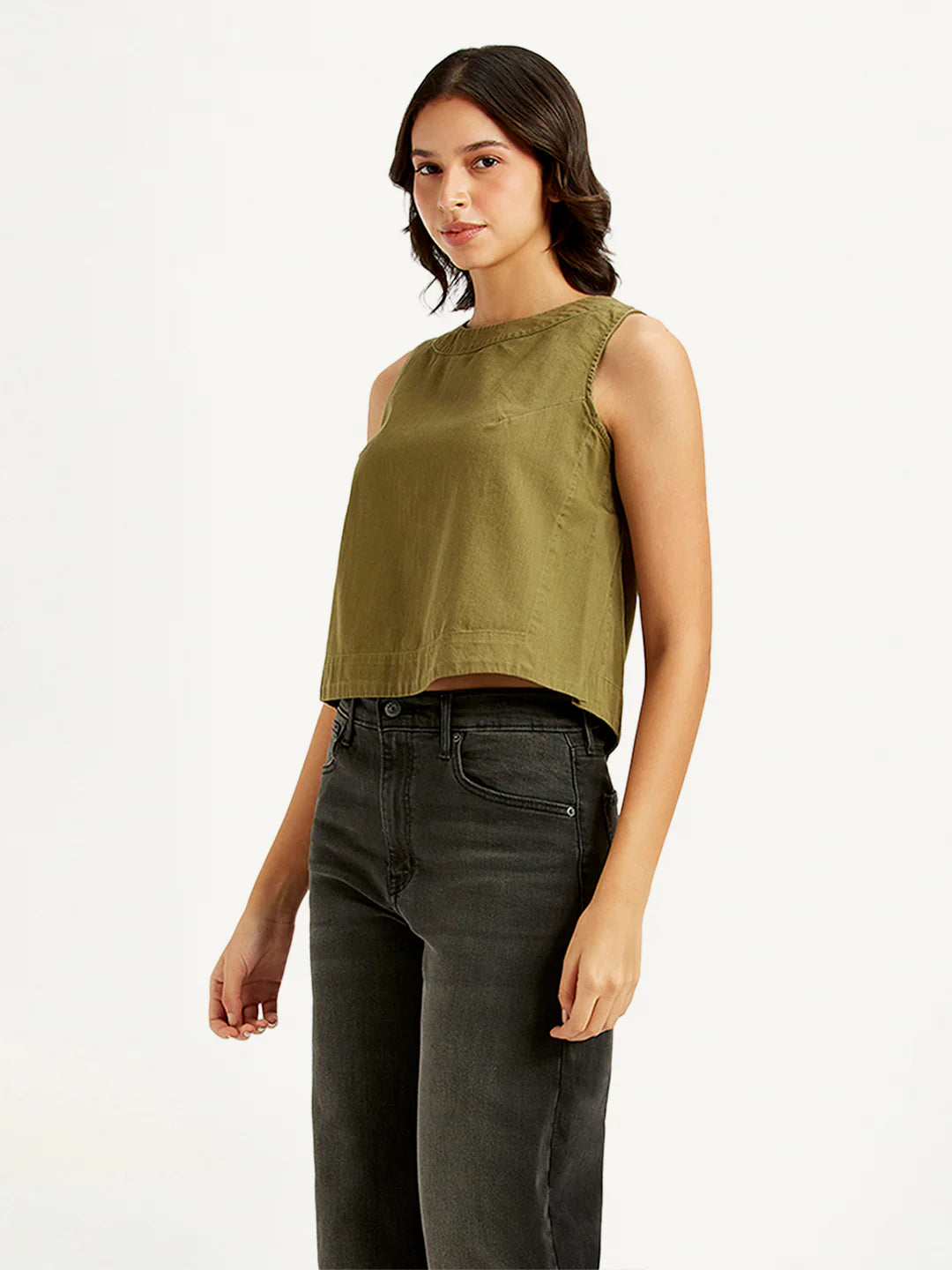 Minimalist Solid Olive Crop Top for Women with Classic Round Neck
