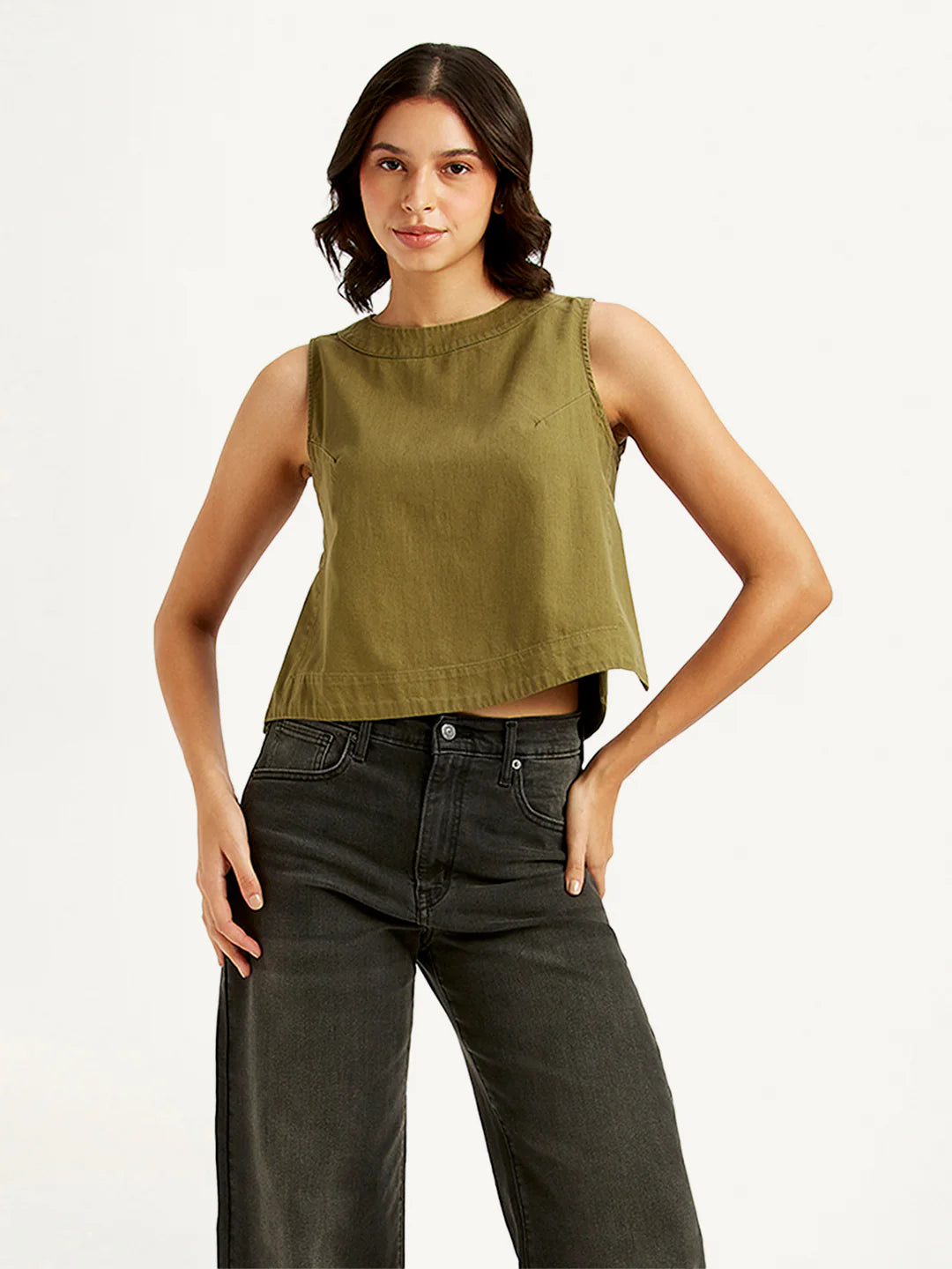Minimalist Solid Olive Crop Top for Women with Classic Round Neck