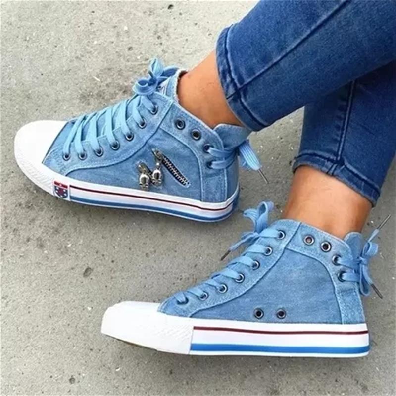 Fashion Women’s High-Top Denim Sneakers Comfortable Flat Heel Lace-Up Shoes with Round Toe and Skull Metal Decoration