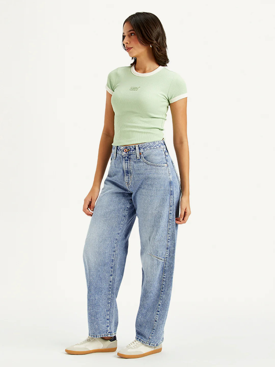 Relaxed Womens Light Blue Baggy Dad Jeans with Mid Rise Waist and Barrel Fit Perfect for Travel and Lounge