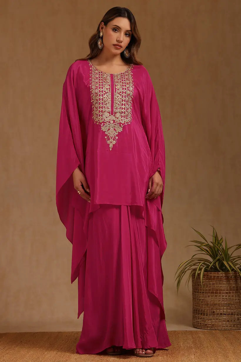 Modern Women’s Embroidered Kaftan Suit with Zari Embellishments and Coordinated Bottoms for Party and Festive Look