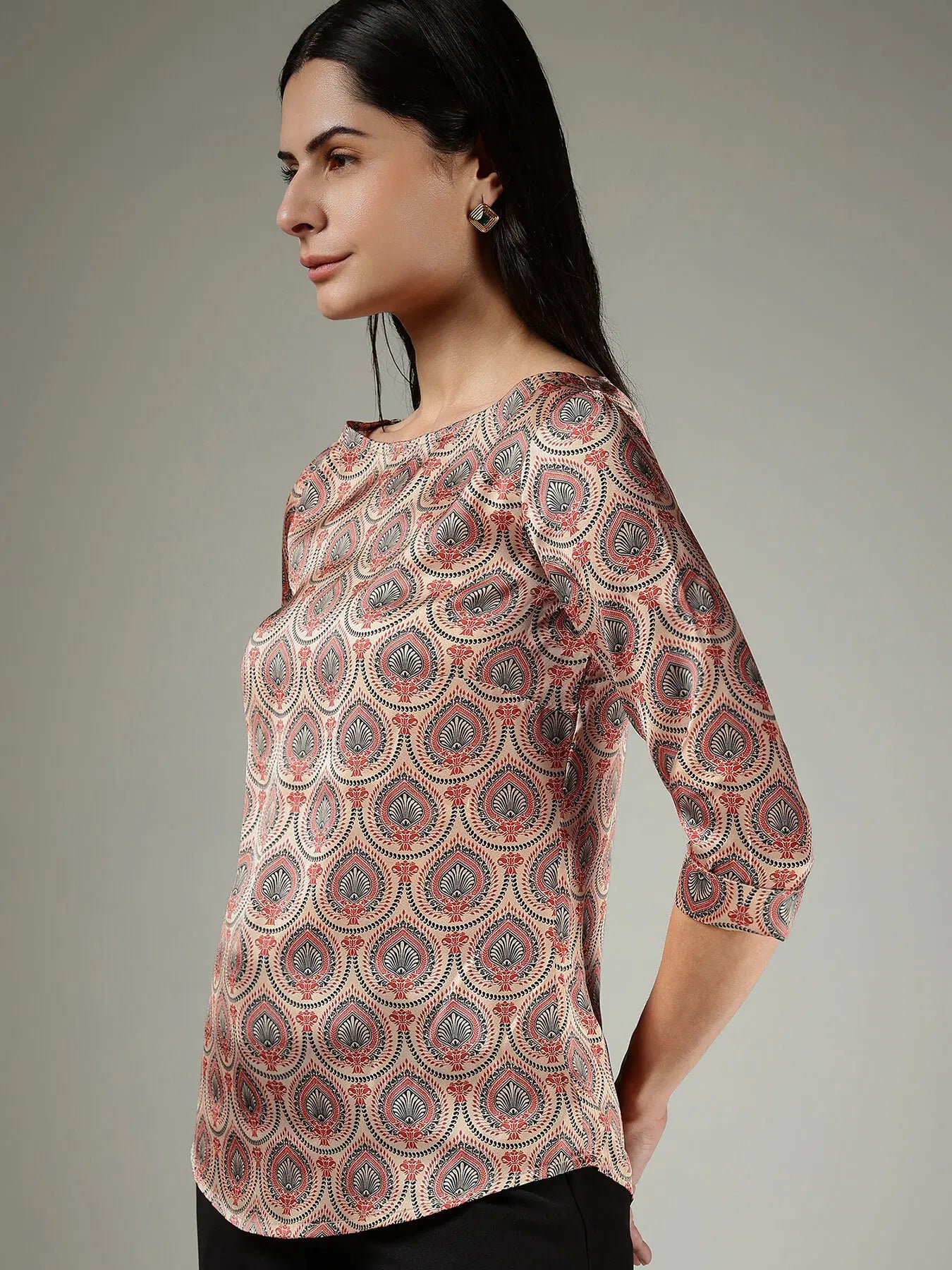 Fashionable Beige Satin Top Featuring Traditional Indian Motif Pattern