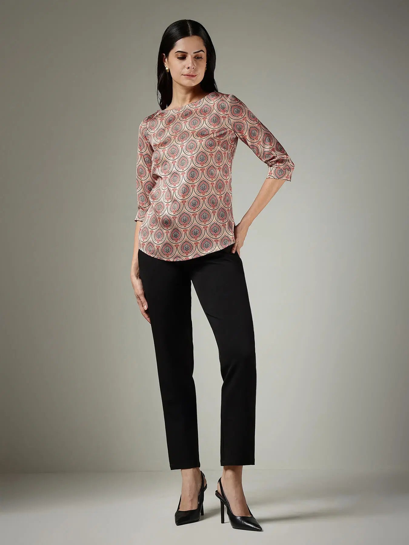 Fashionable Beige Satin Top Featuring Traditional Indian Motif Pattern