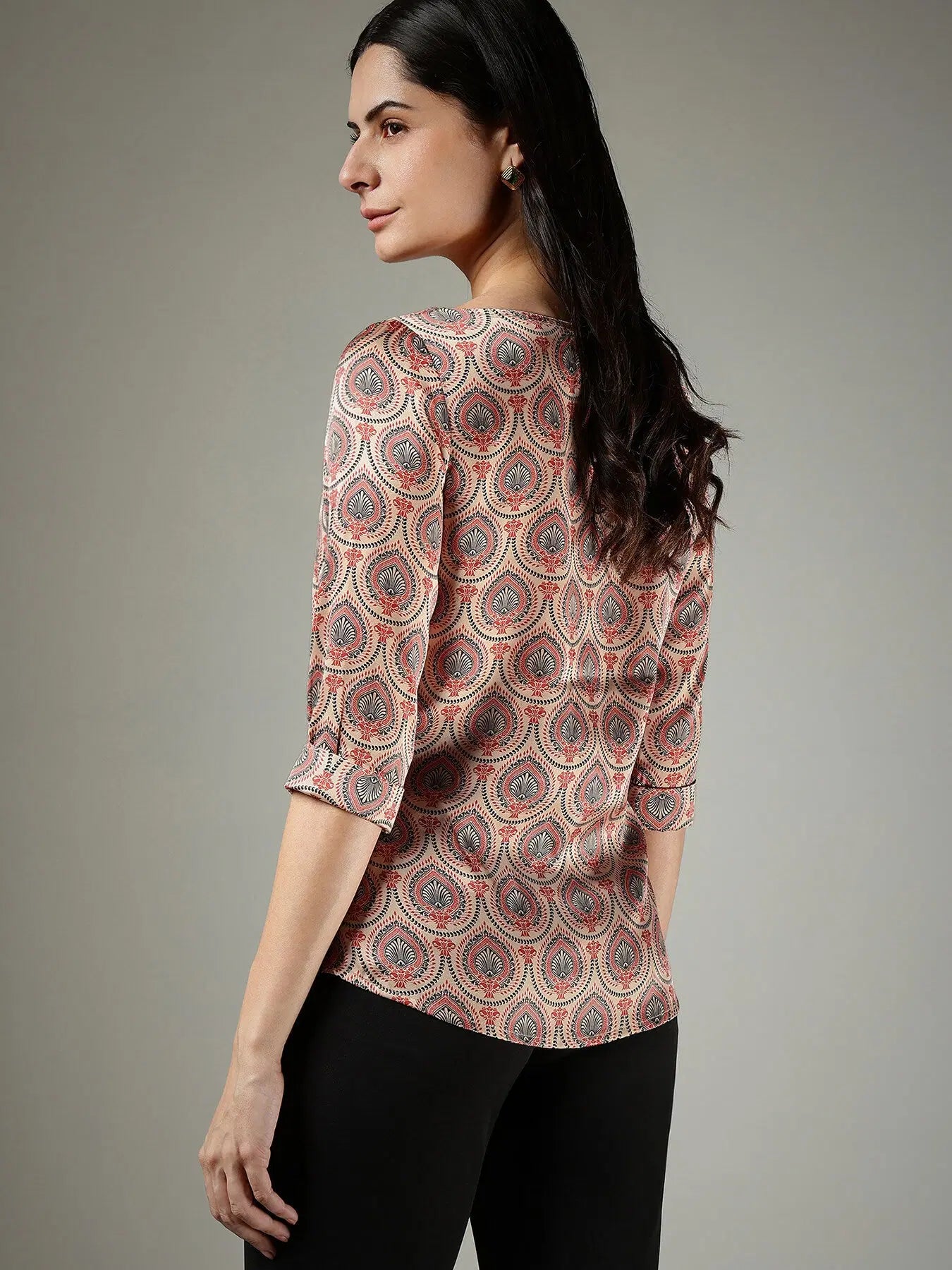 Fashionable Beige Satin Top Featuring Traditional Indian Motif Pattern