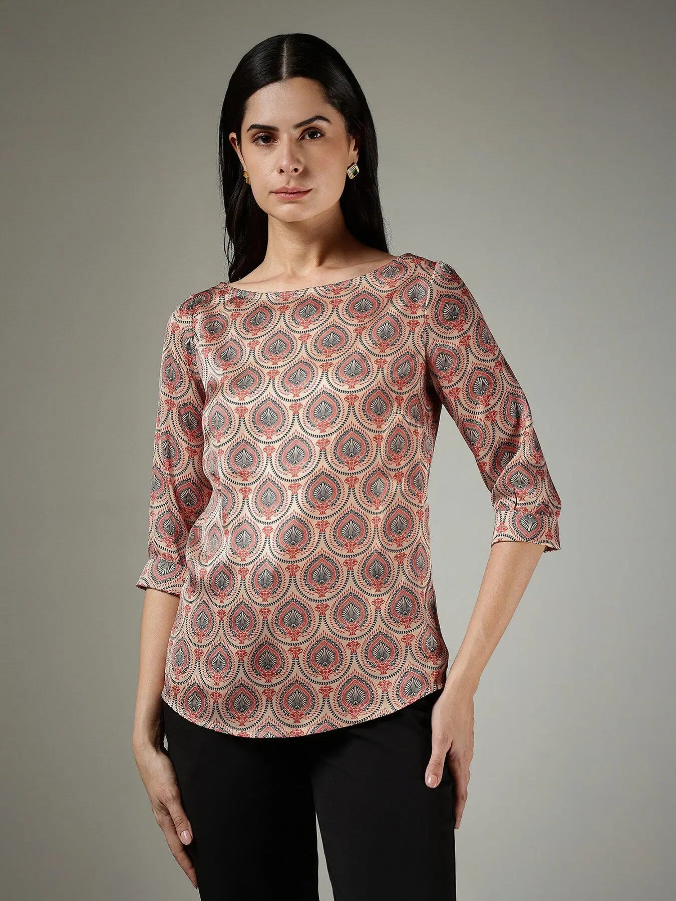 Fashionable Beige Satin Top Featuring Traditional Indian Motif Pattern