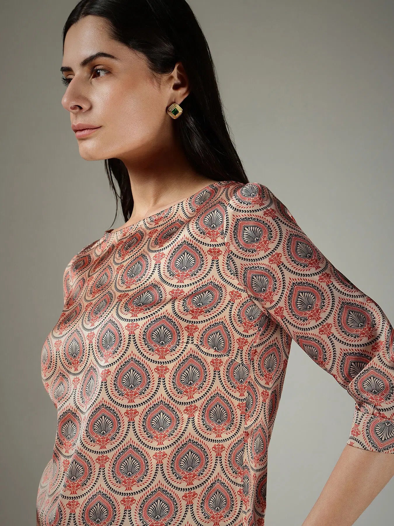 Fashionable Beige Satin Top Featuring Traditional Indian Motif Pattern