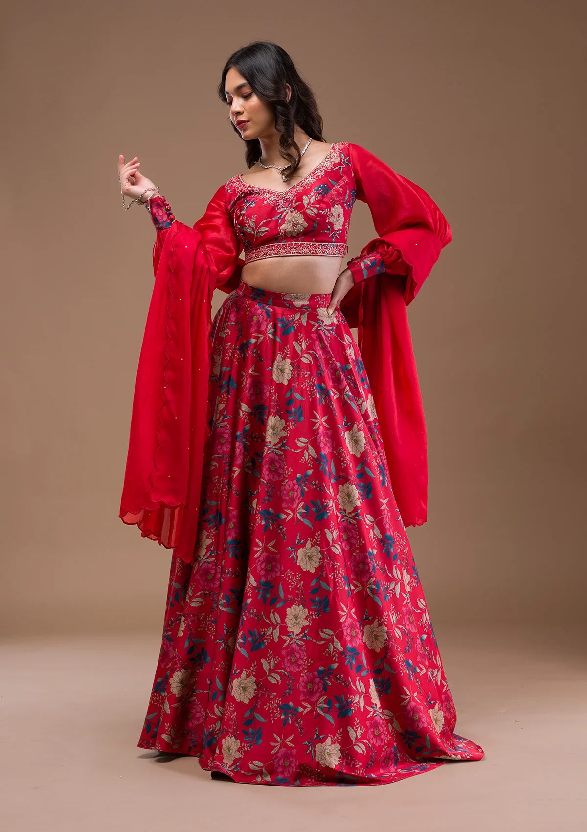 Contemporary Red Satin Lehenga with Beautiful Printed Design for Wedding, Reception, and Party Wear