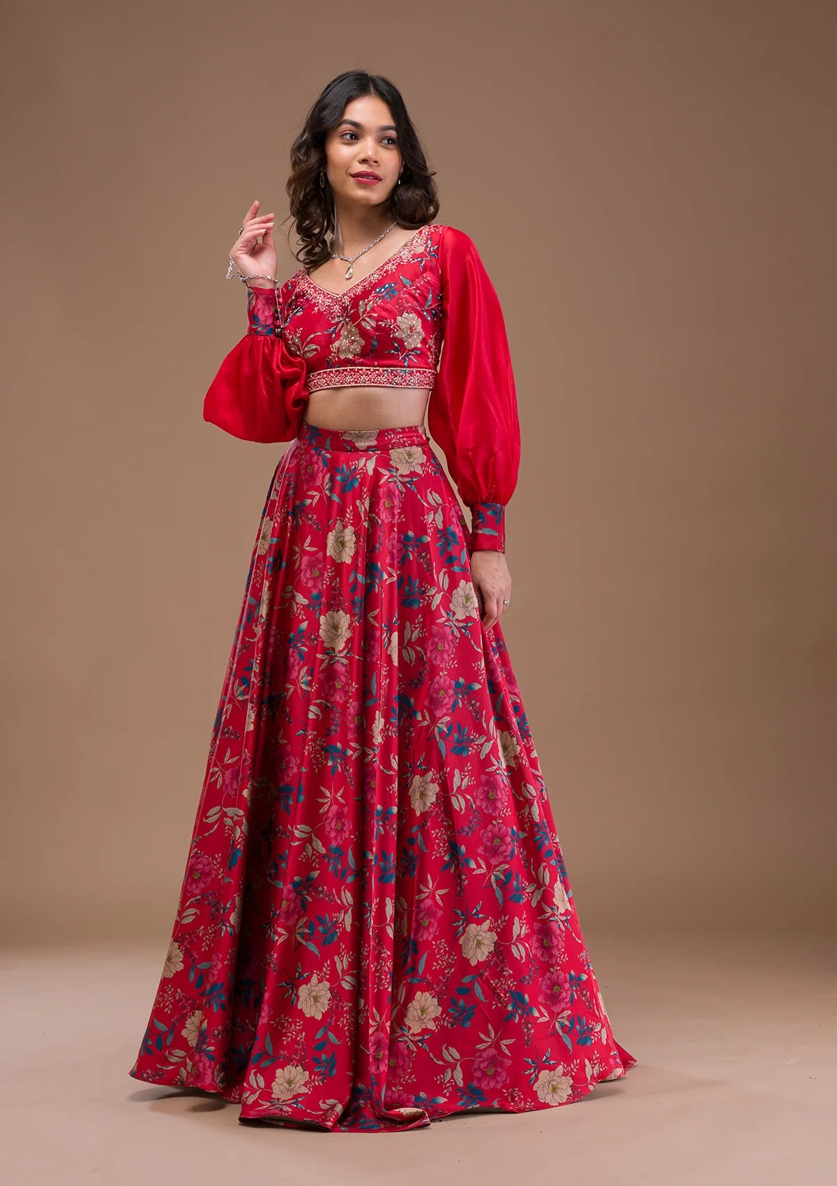 Contemporary Red Satin Lehenga with Beautiful Printed Design for Wedding, Reception, and Party Wear