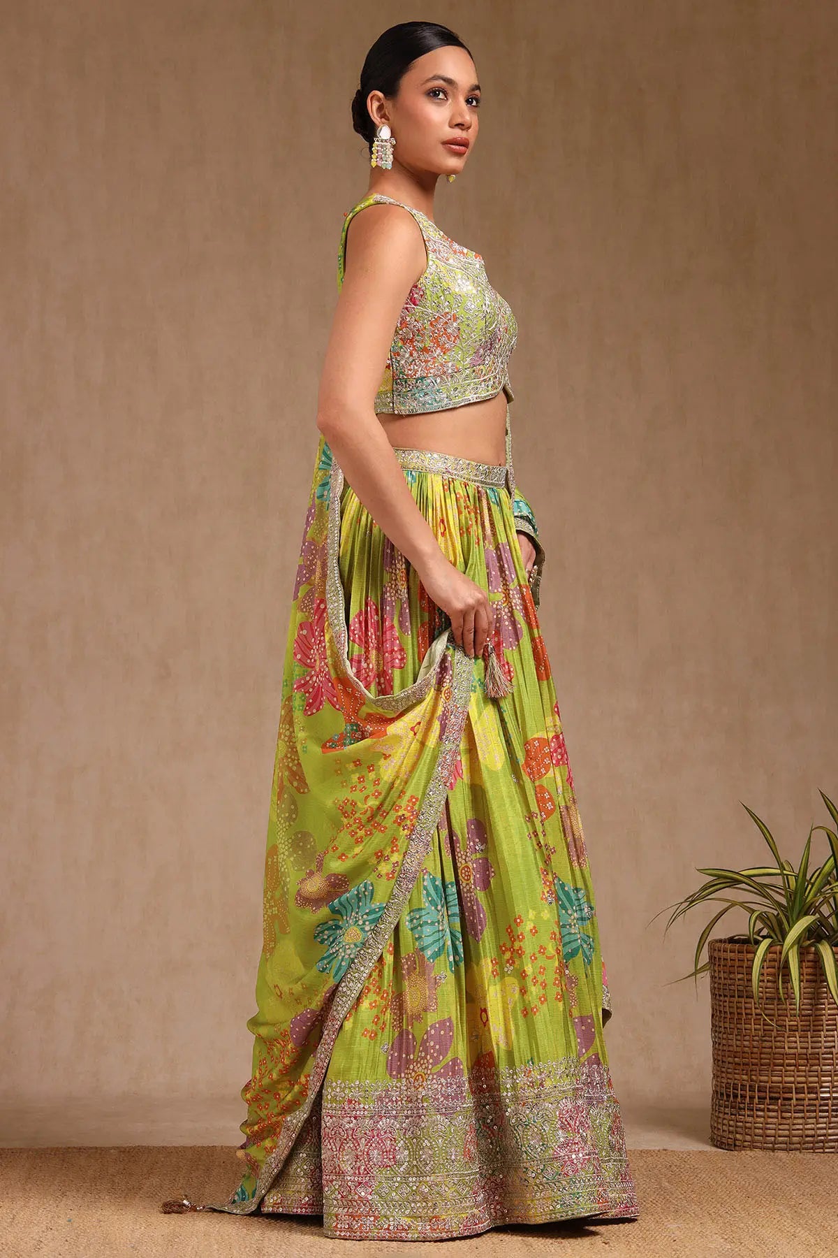 Premium Light Green Chinon Blend Ghagra Choli Featuring Floral Prints with Handcrafted Sequins for Elegant Outfits