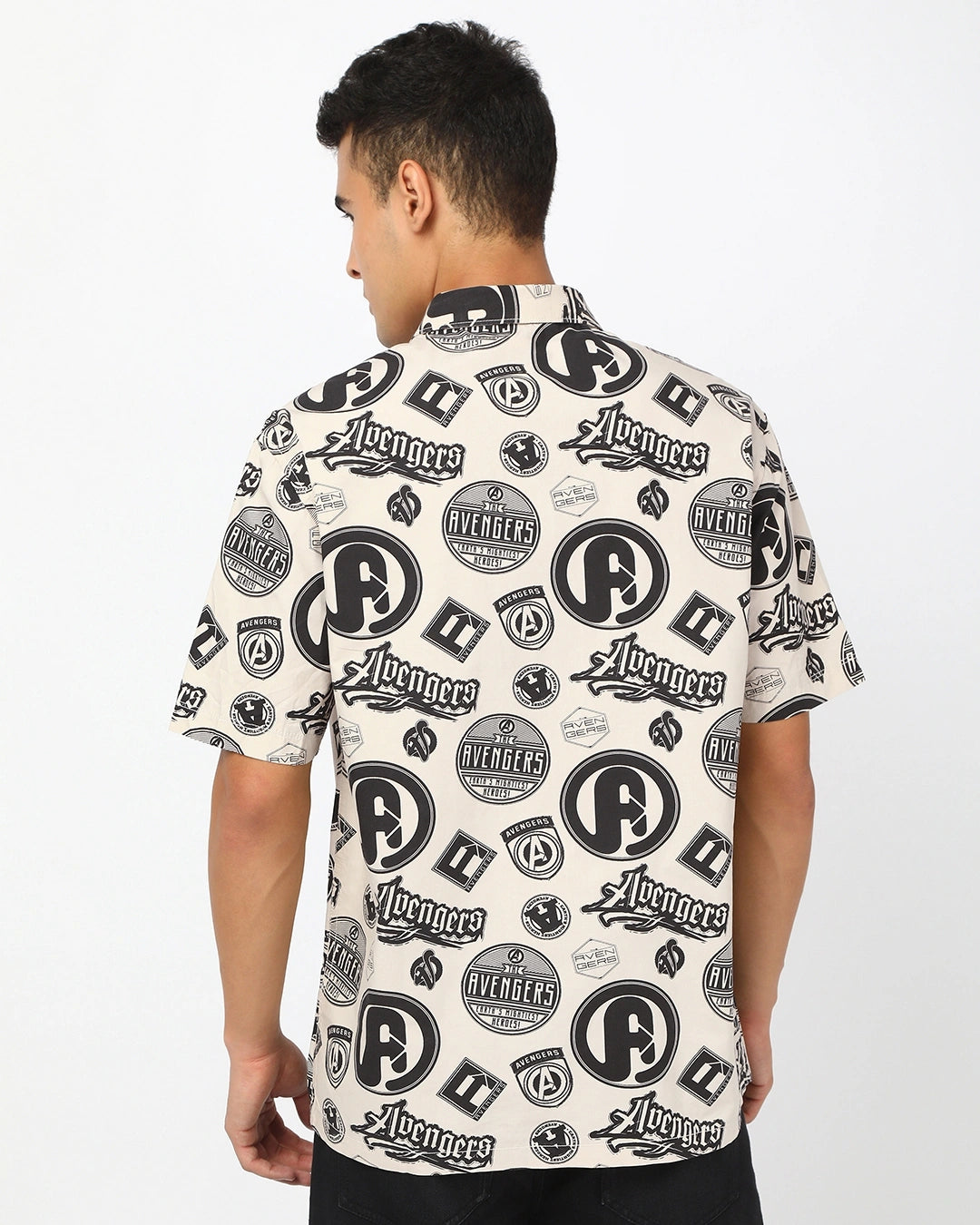 Men's Beige Avengers All Over Printed Oversized Shirt