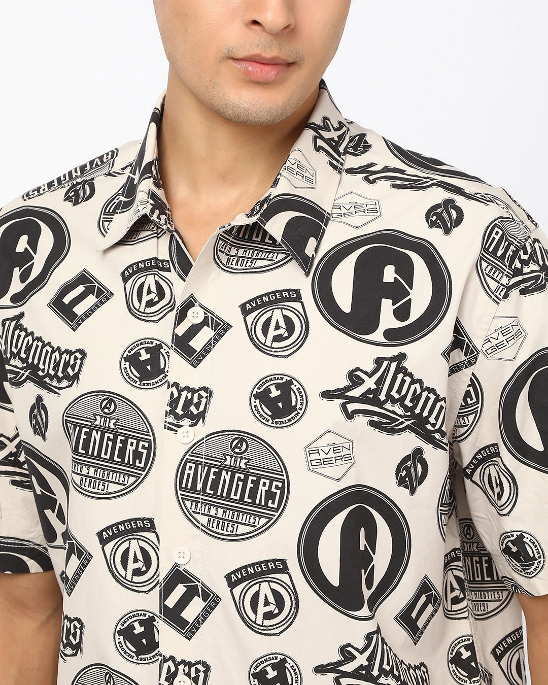 Men's Beige Avengers All Over Printed Oversized Shirt
