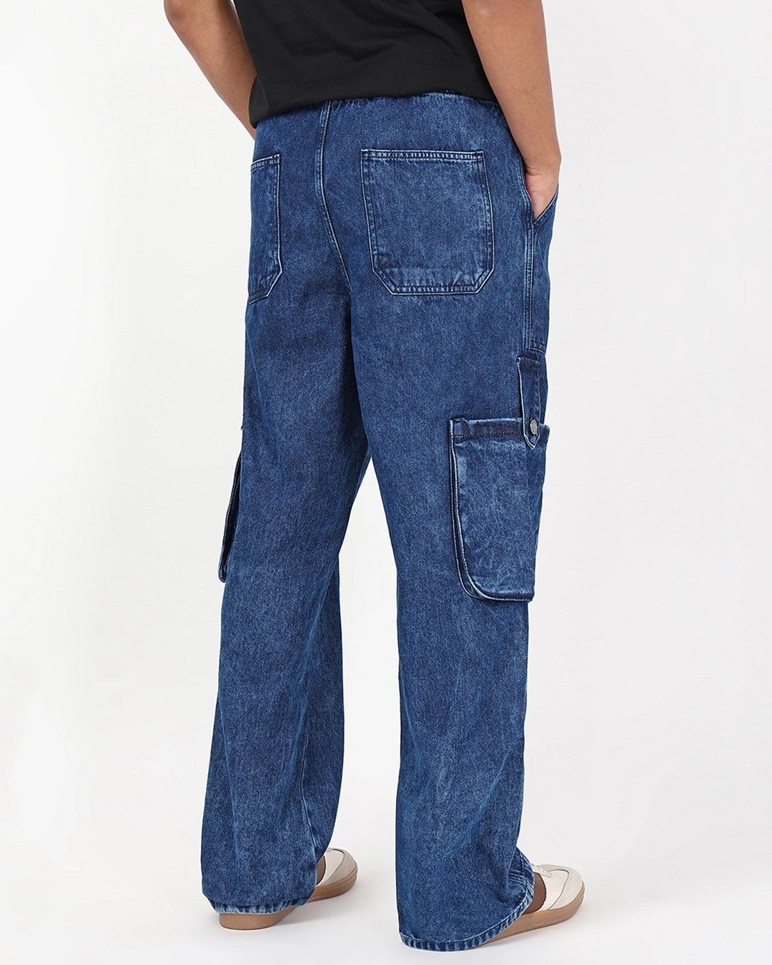 Elegant Blue Washed Straight Fit Cargo Jeans for Men with Relaxed Tailored Finish and Modern Styling