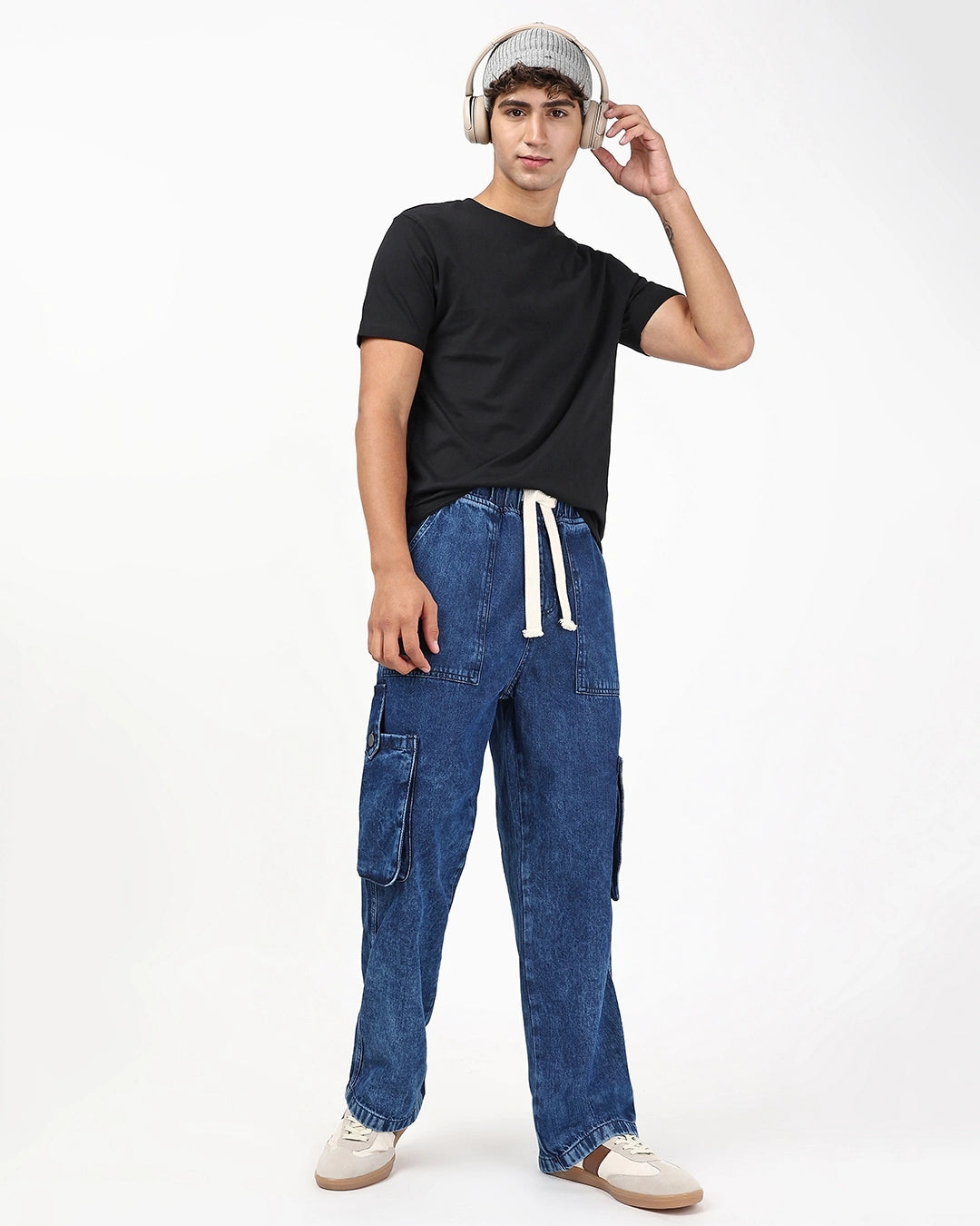 Elegant Blue Washed Straight Fit Cargo Jeans for Men with Relaxed Tailored Finish and Modern Styling