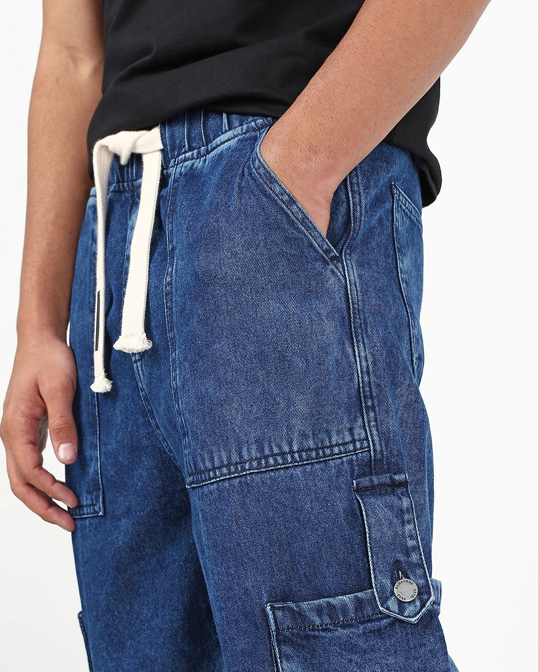 Elegant Blue Washed Straight Fit Cargo Jeans for Men with Relaxed Tailored Finish and Modern Styling