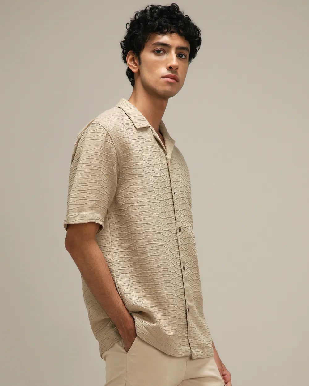 Casual Loose Fit Khaki Dobby Shirt Lightweight Summer Shirt