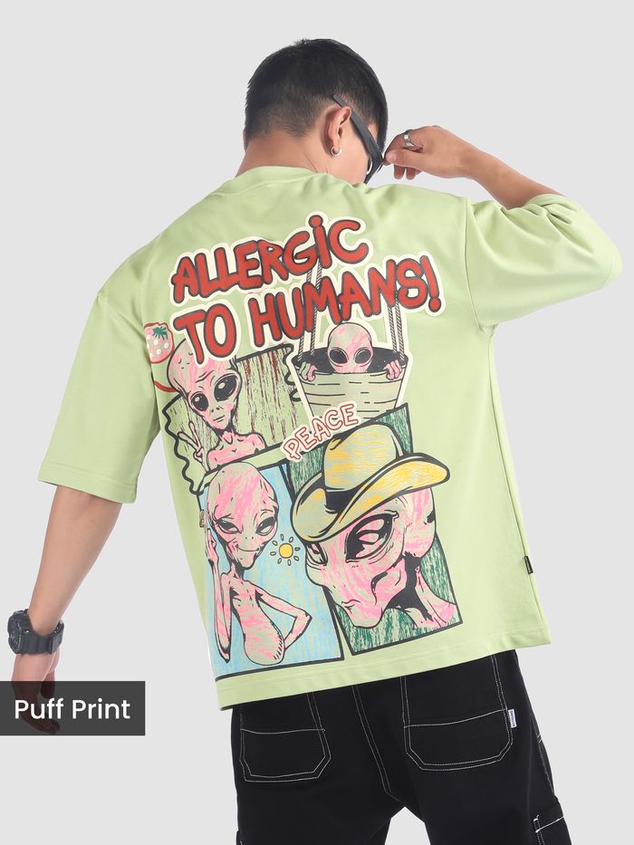 Comfortable Pista Green Oversized T Shirt for Men with Allergic To Human Puff Print Made from Soft Breathable Fabric