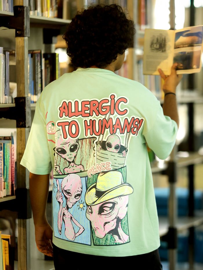 Comfortable Pista Green Oversized T Shirt for Men with Allergic To Human Puff Print Made from Soft Breathable Fabric