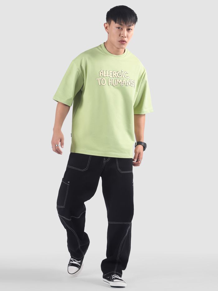 Comfortable Pista Green Oversized T Shirt for Men with Allergic To Human Puff Print Made from Soft Breathable Fabric