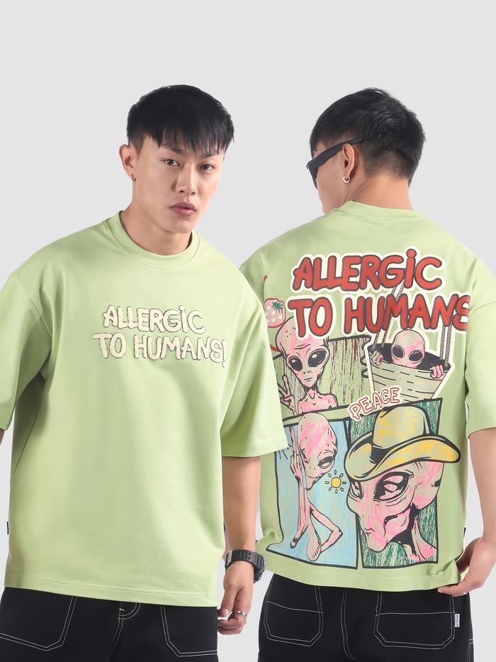Comfortable Pista Green Oversized T Shirt for Men with Allergic To Human Puff Print Made from Soft Breathable Fabric