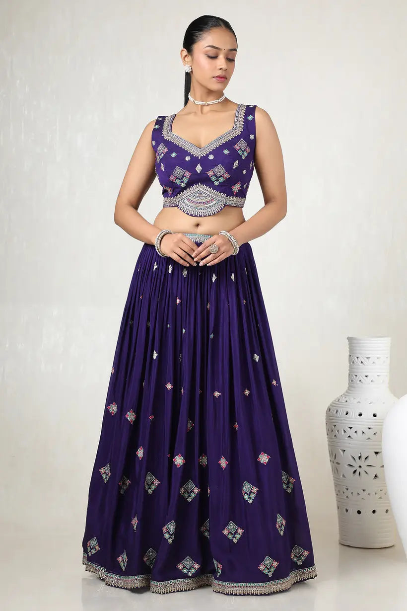 Luxury Purple Chinon Embellished Ghagra Choli Set with Detailed Cutdana Embroidery for Wedding Functions