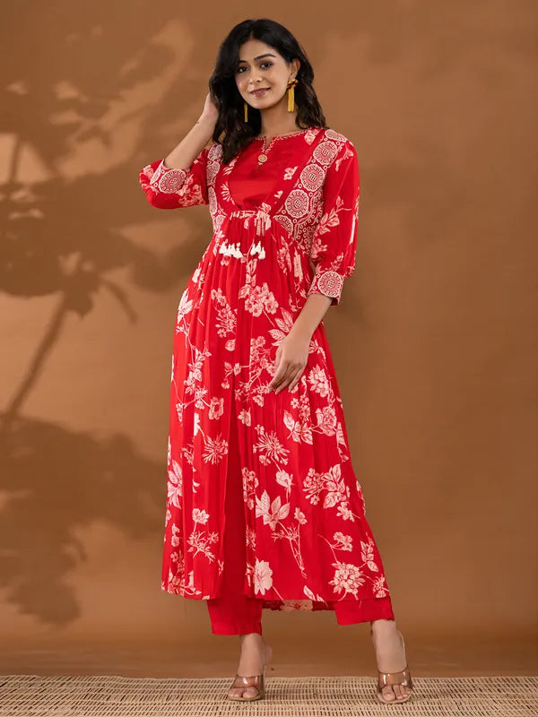Trendy Women’s Red Silk Kurti Set Featuring Stunning Printed Patterns and Coordinated Bottoms or Palazzo