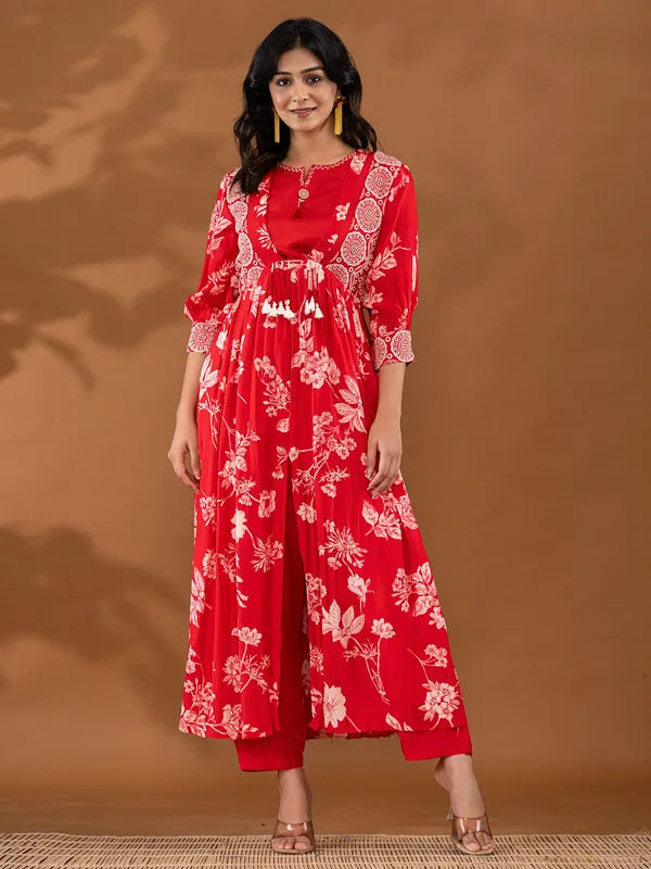 Trendy Women’s Red Silk Kurti Set Featuring Stunning Printed Patterns and Coordinated Bottoms or Palazzo