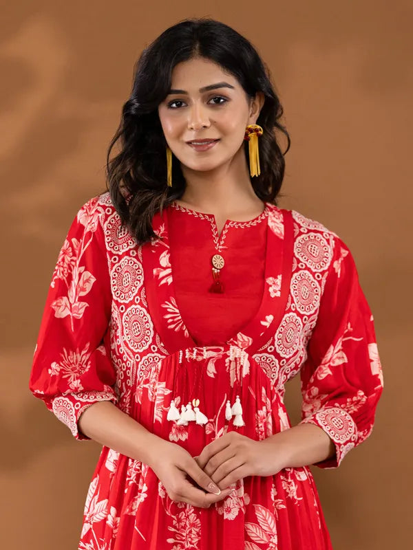 Trendy Women’s Red Silk Kurti Set Featuring Stunning Printed Patterns and Coordinated Bottoms or Palazzo