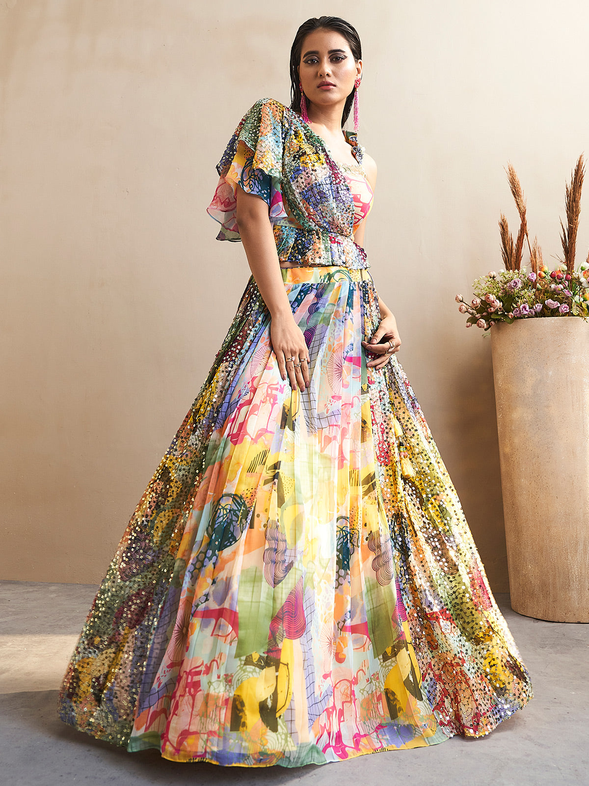 Bright Canary Yellow Handcrafted Lehenga Choli with Sequins and Thread Work