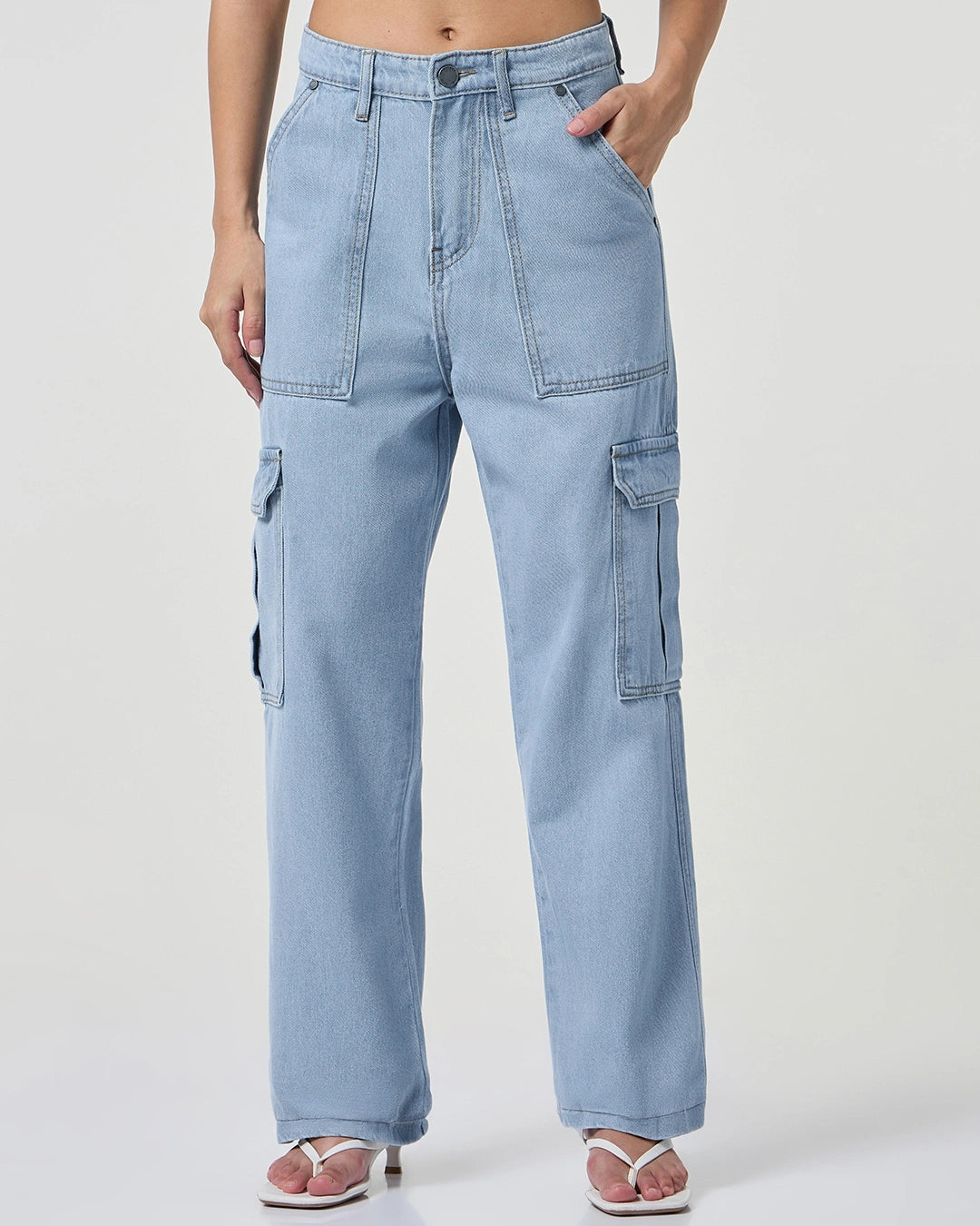 Modern Womens Light Blue Washed Straight Fit Cargo Jeans for Comfortable Everyday Dressing