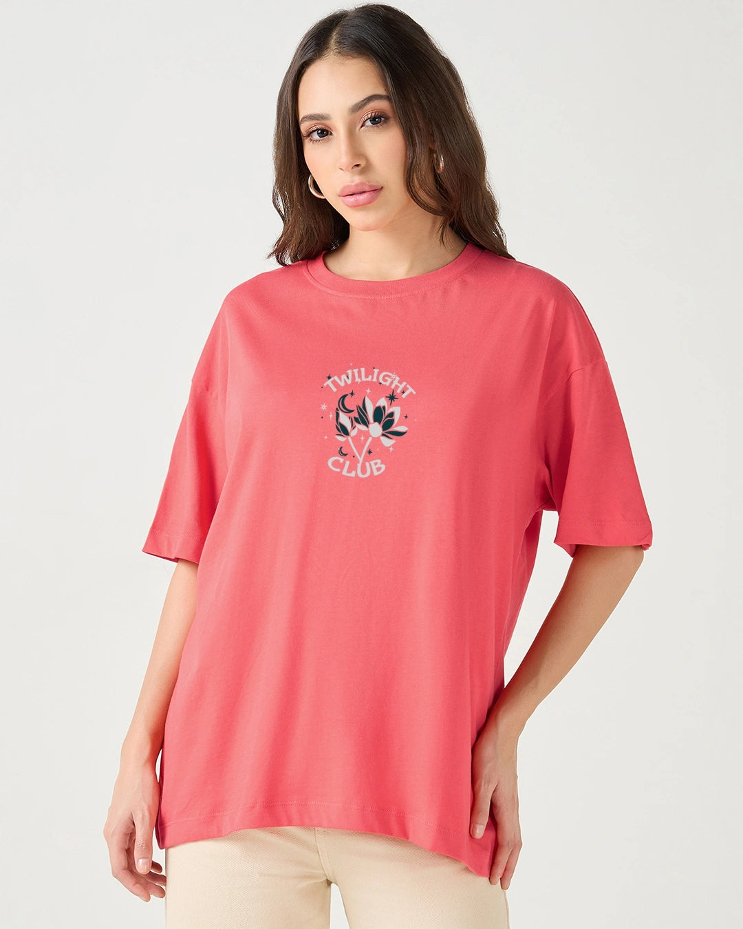Relaxed Fit Women’s Oversized T-Shirt in Coral Pink Featuring Twilight Club Design for Casual and Lounge Looks