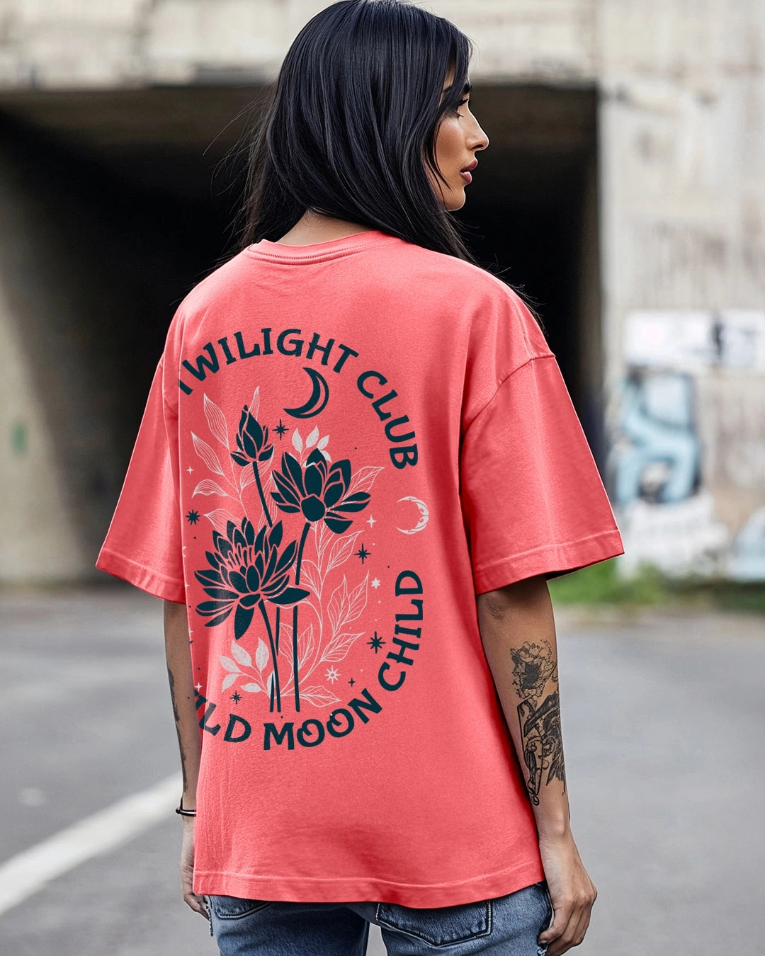 Relaxed Fit Women’s Oversized T-Shirt in Coral Pink Featuring Twilight Club Design for Casual and Lounge Looks