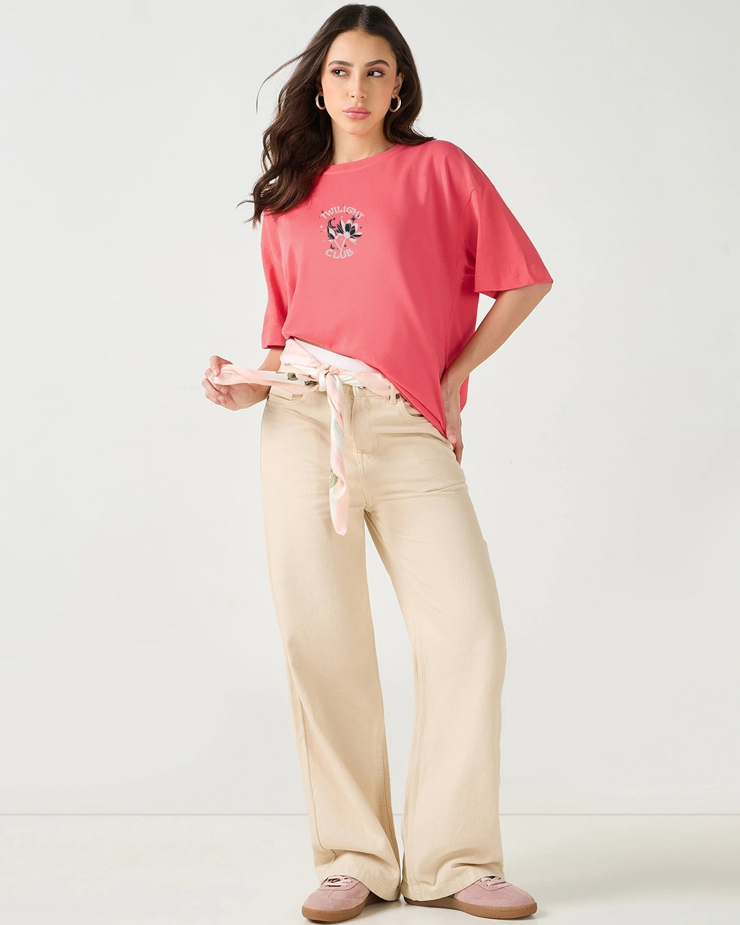 Relaxed Fit Women’s Oversized T-Shirt in Coral Pink Featuring Twilight Club Design for Casual and Lounge Looks