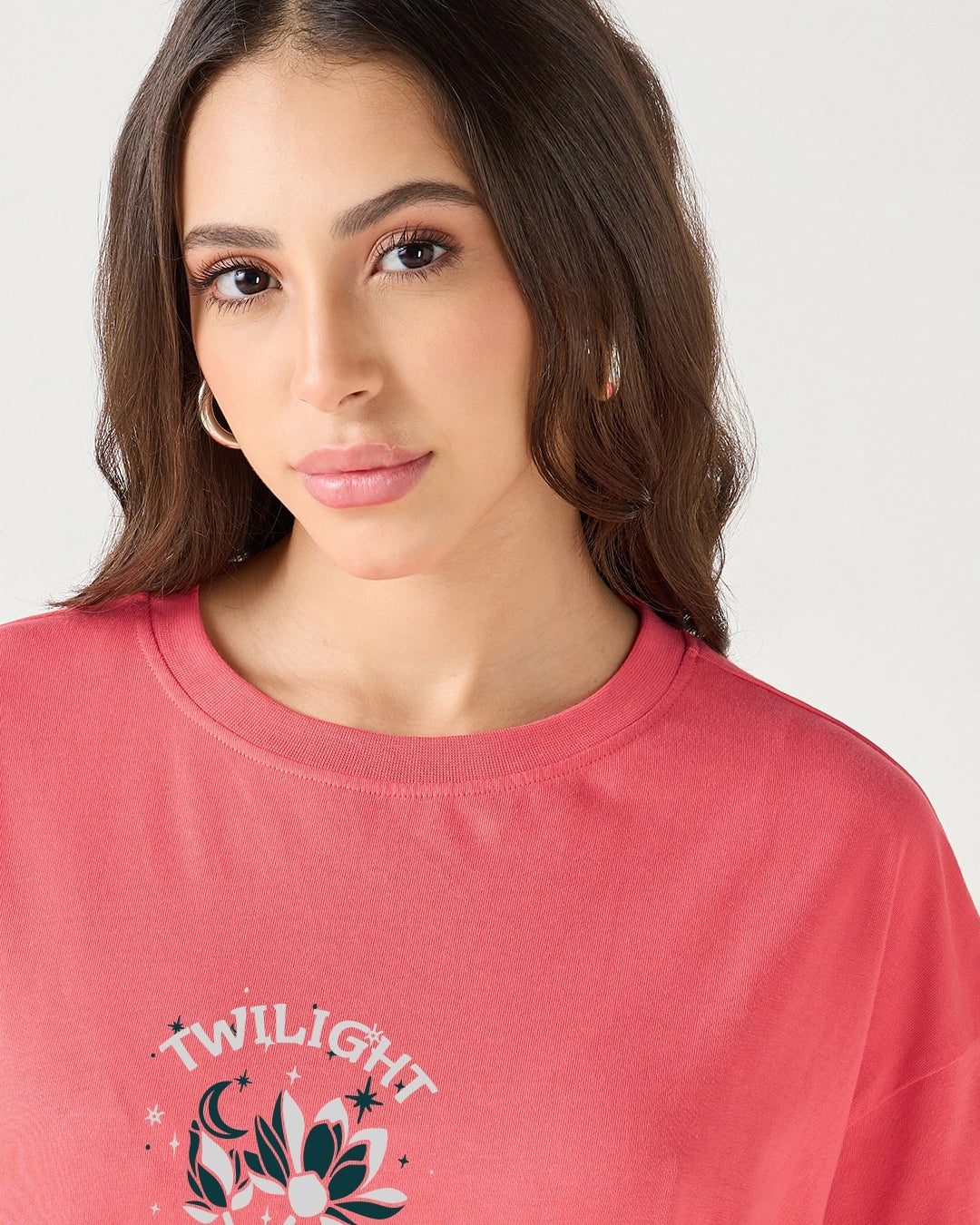 Relaxed Fit Women’s Oversized T-Shirt in Coral Pink Featuring Twilight Club Design for Casual and Lounge Looks