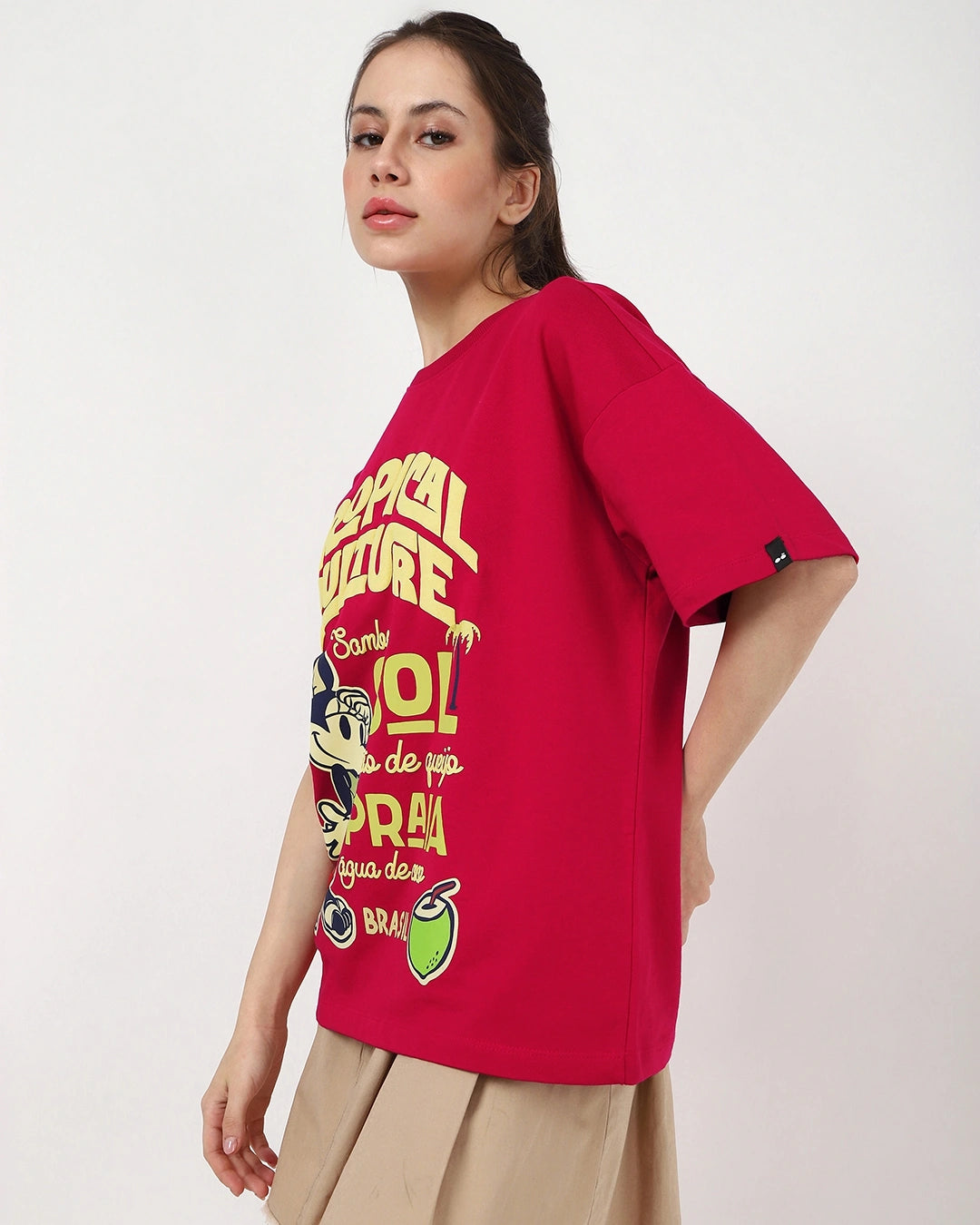 Soft and Comfortable Womens Salsa Red Oversized T Shirt Highlighted with Tropical Culture Print