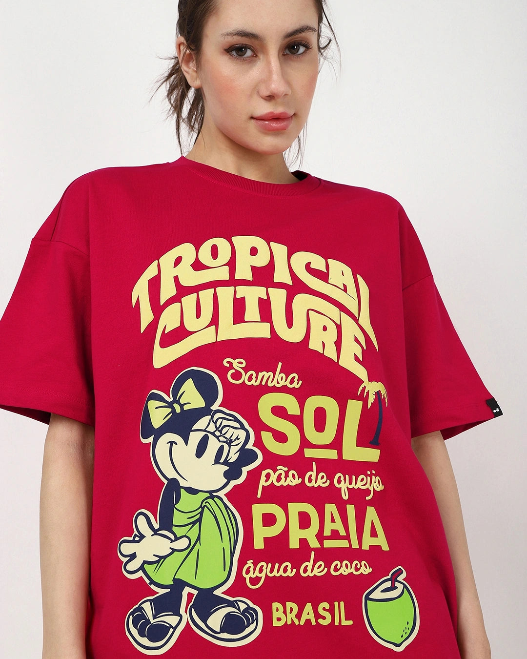 Soft and Comfortable Womens Salsa Red Oversized T Shirt Highlighted with Tropical Culture Print