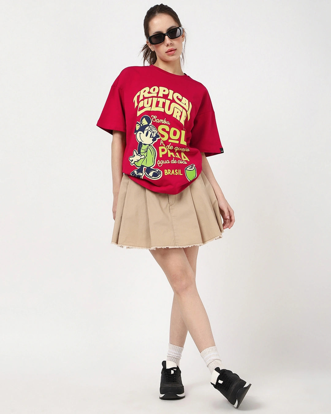 Soft and Comfortable Womens Salsa Red Oversized T Shirt Highlighted with Tropical Culture Print