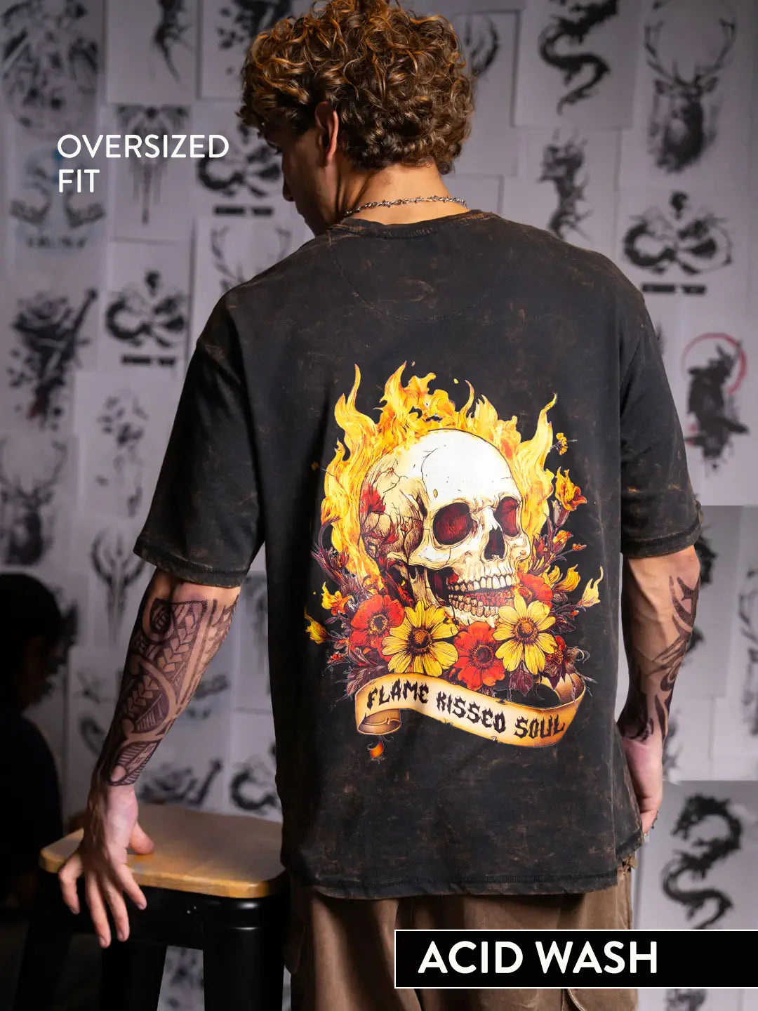 Premium Black T-Shirt with Flame Kissed Skull Printed Graphic Street Style