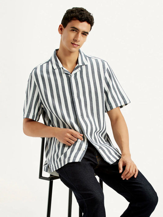 Relaxed Fit Men’s White Striped Cotton Camp Shirt Casual Wear