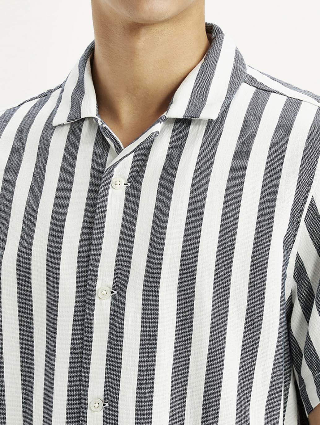 Relaxed Fit Men’s White Striped Cotton Camp Shirt Casual Wear