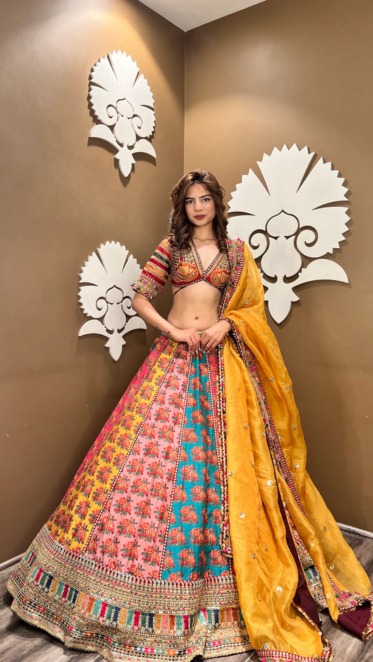 Stylish Designer Lehenga Set with Handcrafted Multi Color Floral Motif Work
