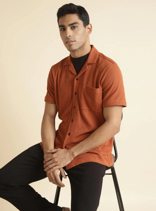 Premium Orange Men’s Half Sleeve Cotton Shirt with Modern Tailored Finish
