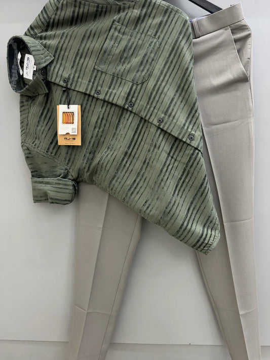 Men’s Green Jacquard Shirt with Light Green Trousers for Office and Meetings