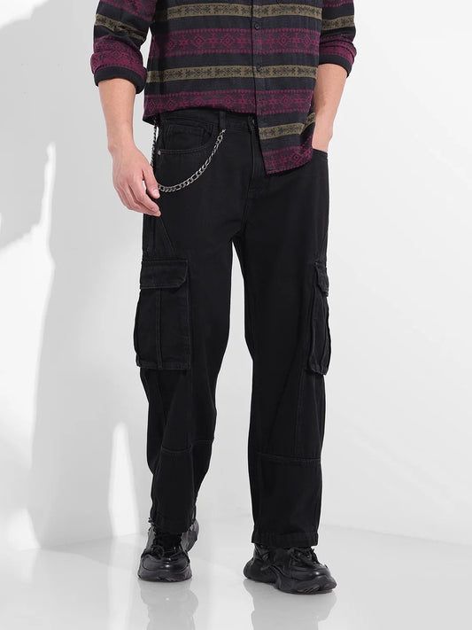 Designer Black Relaxed Fit Solid Utility Jeans for Men with Functional Pocket Detailing