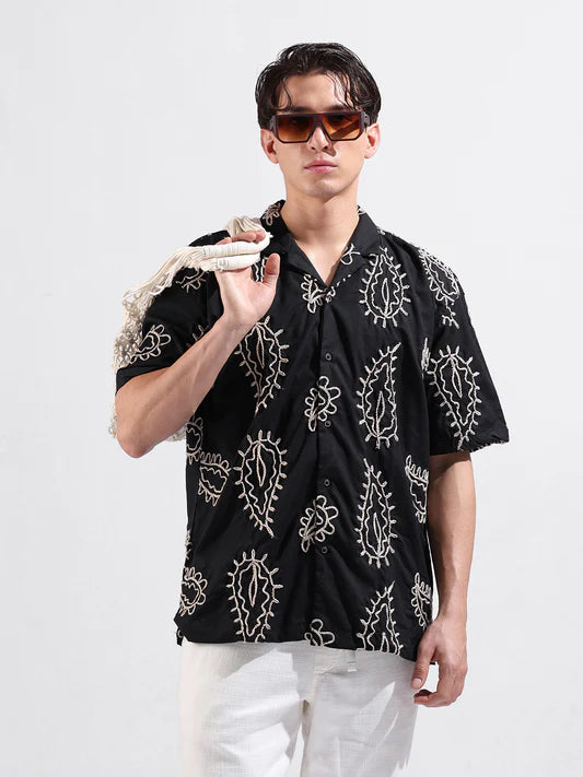 Smart Casual Black Resort Wear Shirt for Men with Relaxed Fit and Fine Embroidery