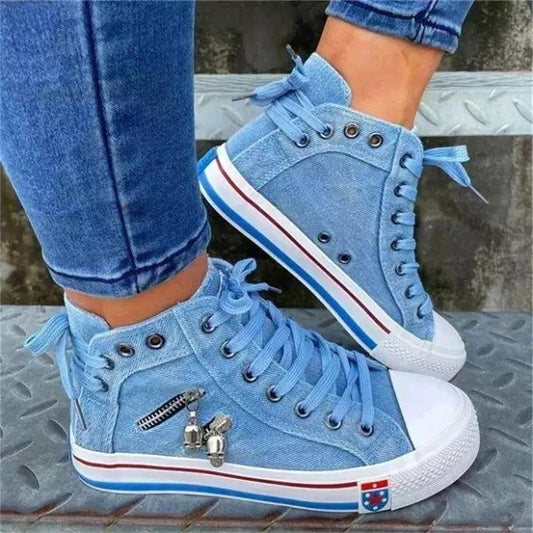Fashion Women’s High-Top Denim Sneakers Comfortable Flat Heel Lace-Up Shoes with Round Toe and Skull Metal Decoration