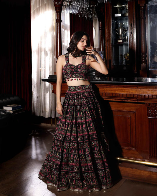 Mighty Black Chanderi Lehenga Set with Mirror Work & Printed Dupatta