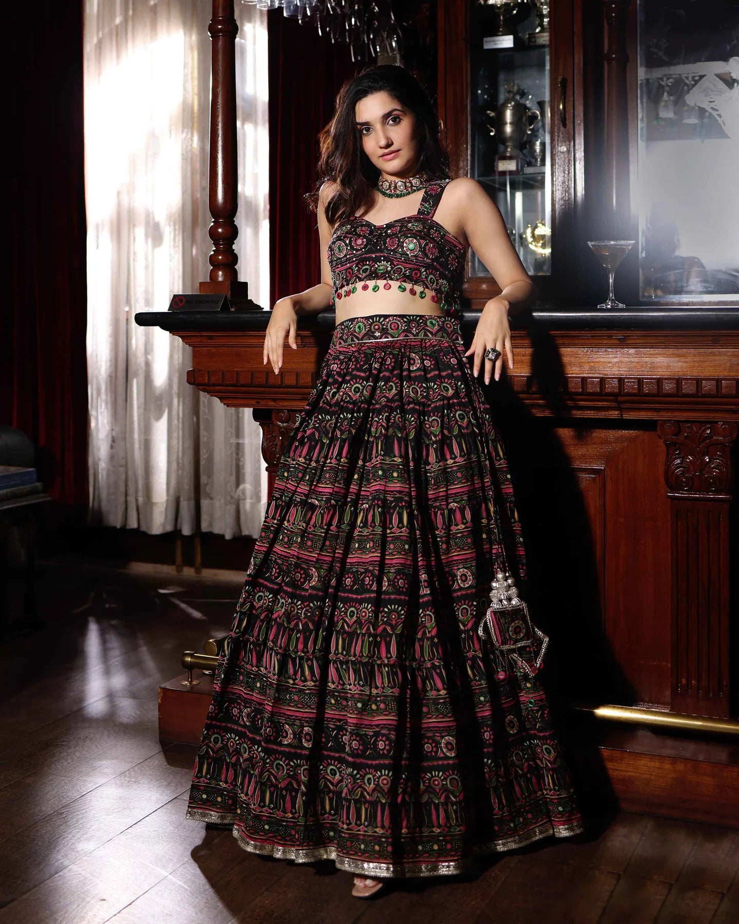 Mighty Black Chanderi Lehenga Set with Mirror Work & Printed Dupatta