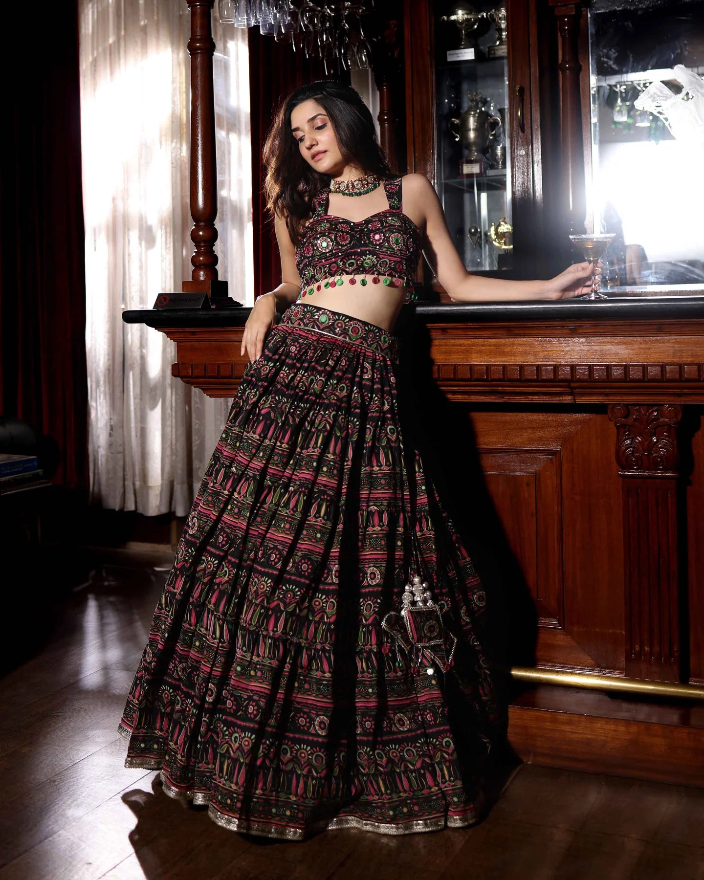 Mighty Black Chanderi Lehenga Set with Mirror Work & Printed Dupatta